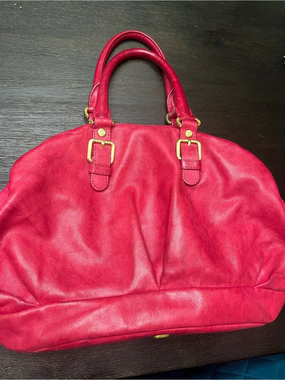 MCM Large Studded Leather Duffle Satchel Bag Fuchsia w Strap & Dust Bag